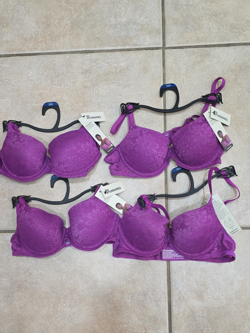 LOT OF 4 - No Boundaries Deep Lavender Lace Push-Up Bra Size 34-A